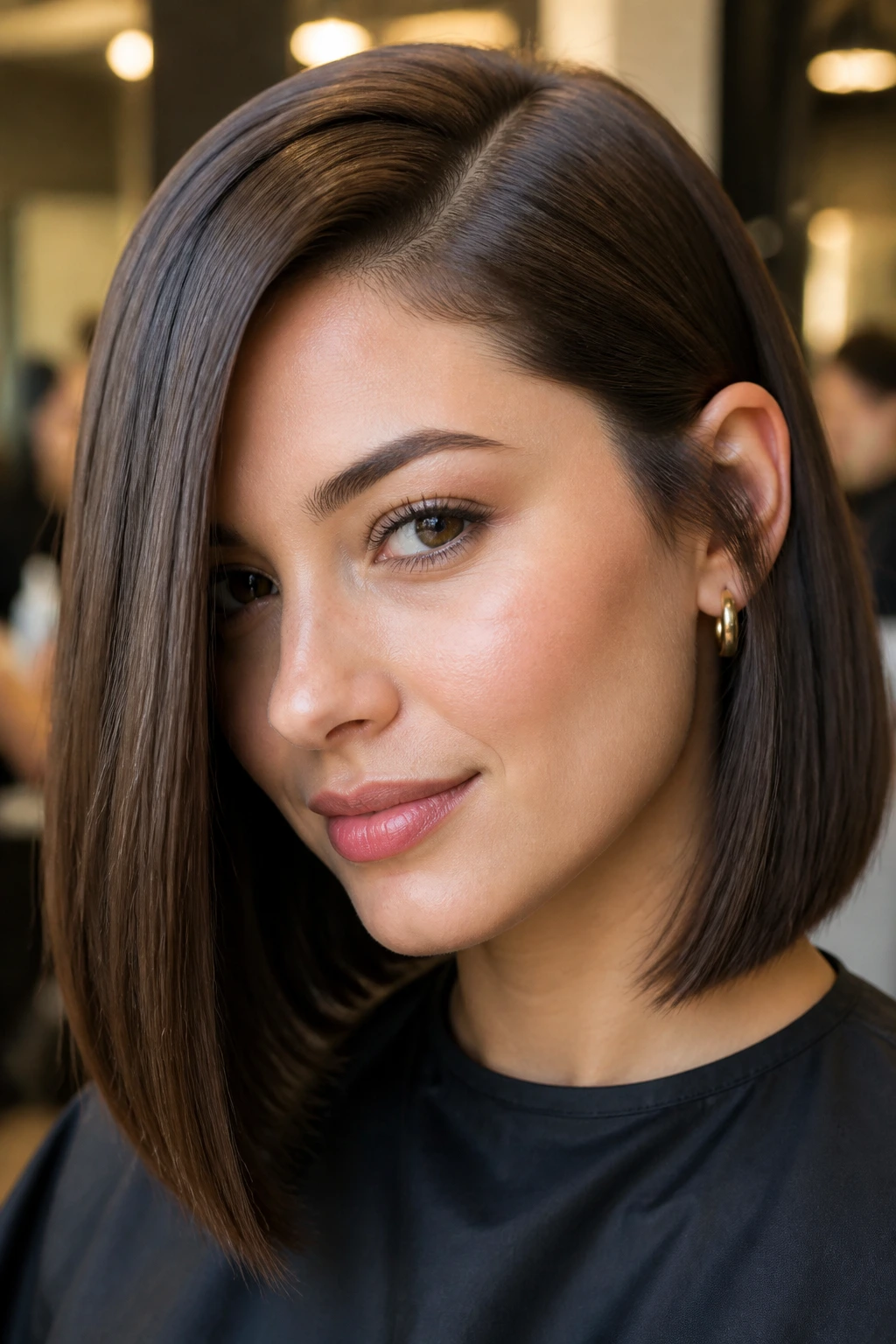 Close-up portrait of a real person with a blunt lob and deep side part