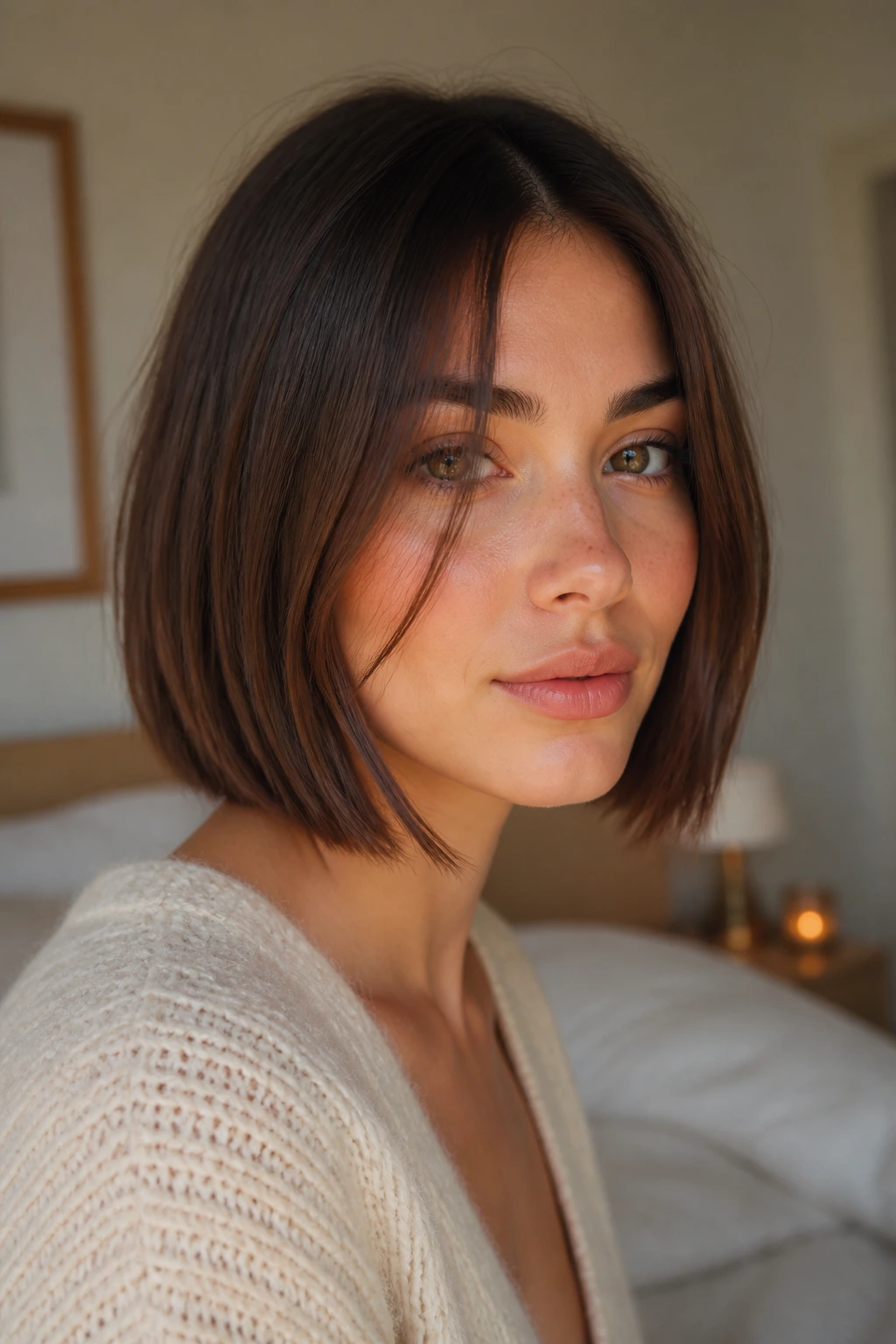 Close-up of a woman with a chin-length blunt lob and subtle face-framing pieces