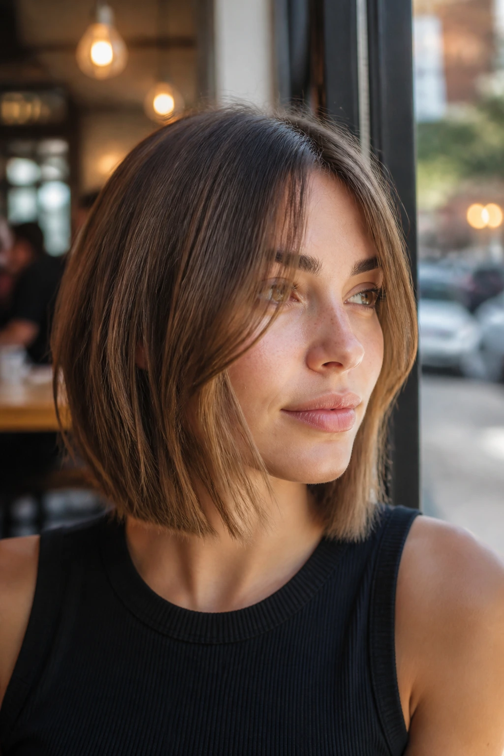 Portrait of a woman with blunt lob and wispy face-framing