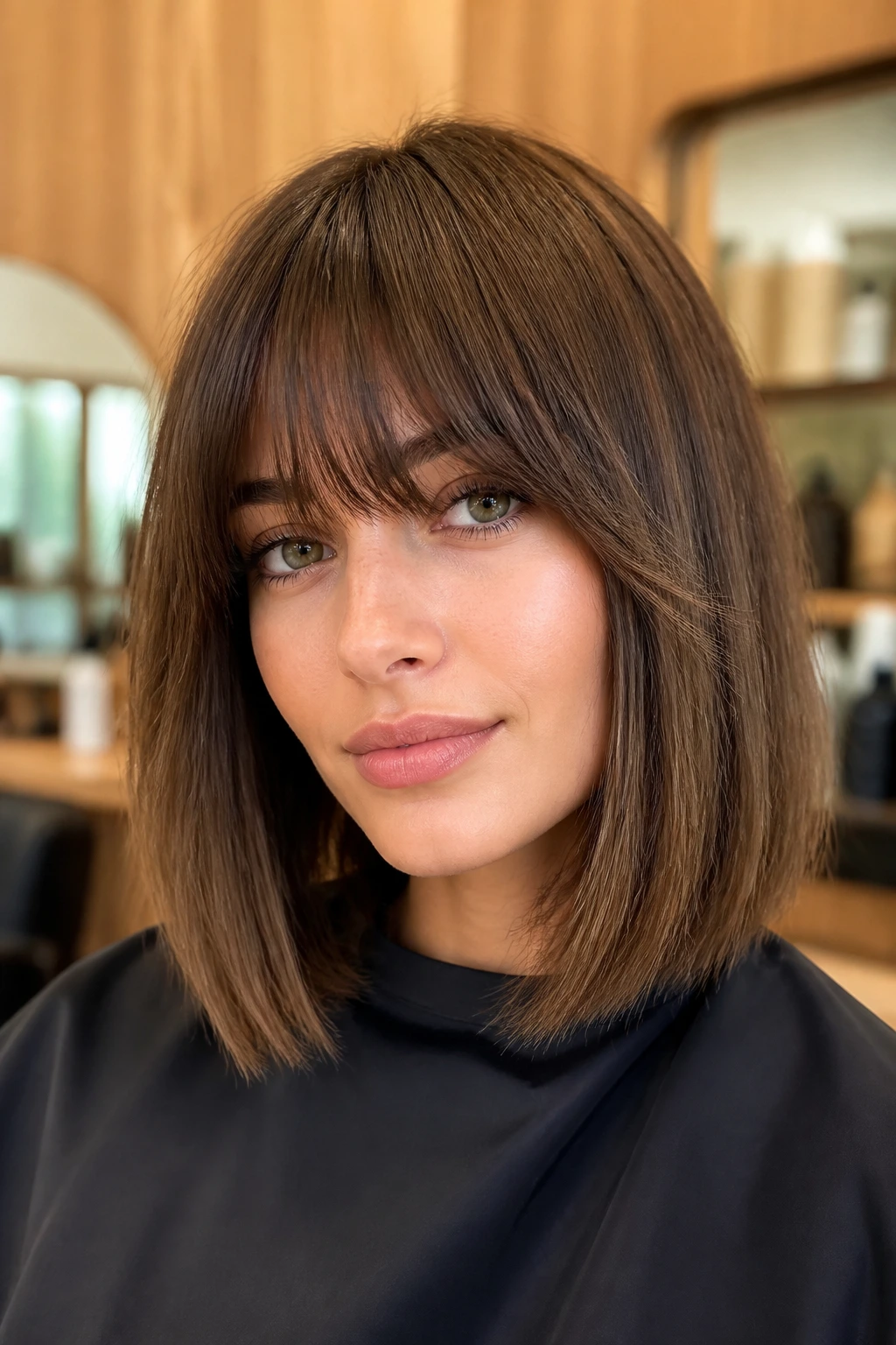 Close-up of real woman with soft-edged blunt lob fringe in bright salon