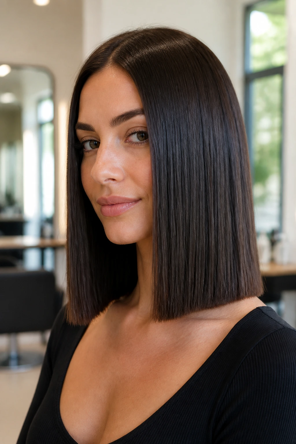 Close-up of a woman with a blunt shoulder-length lob and glossy straight ends