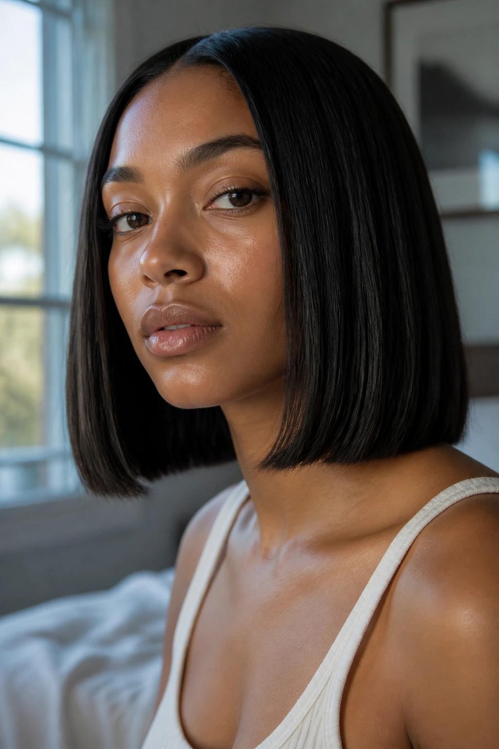 Close-up of a woman with a blunt-cut lob hairstyle in soft window light