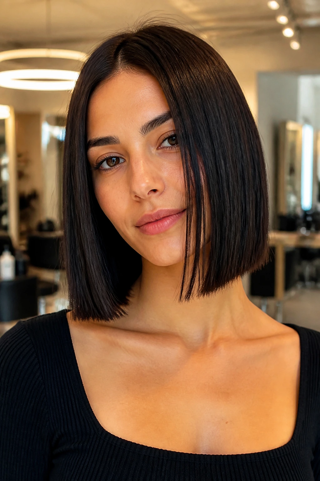 Real person with blunt lob hairstyle showing a crisp collarbone-length edge.