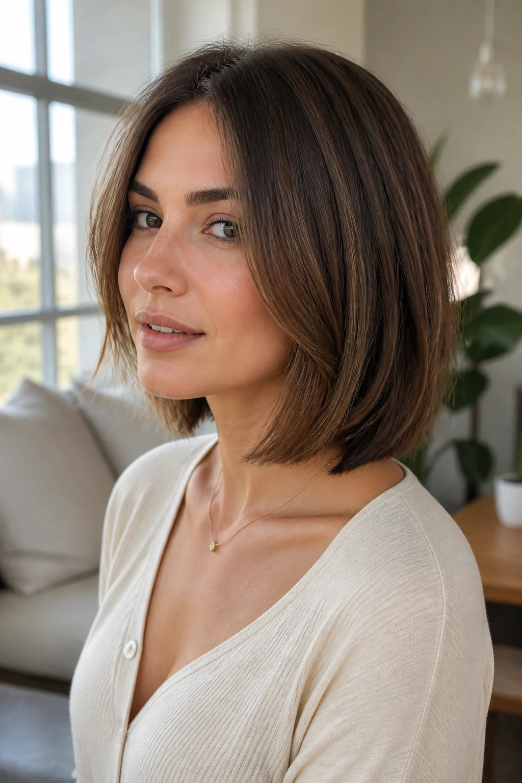 Three-quarter portrait of a woman with blunt lob and hidden interior layers