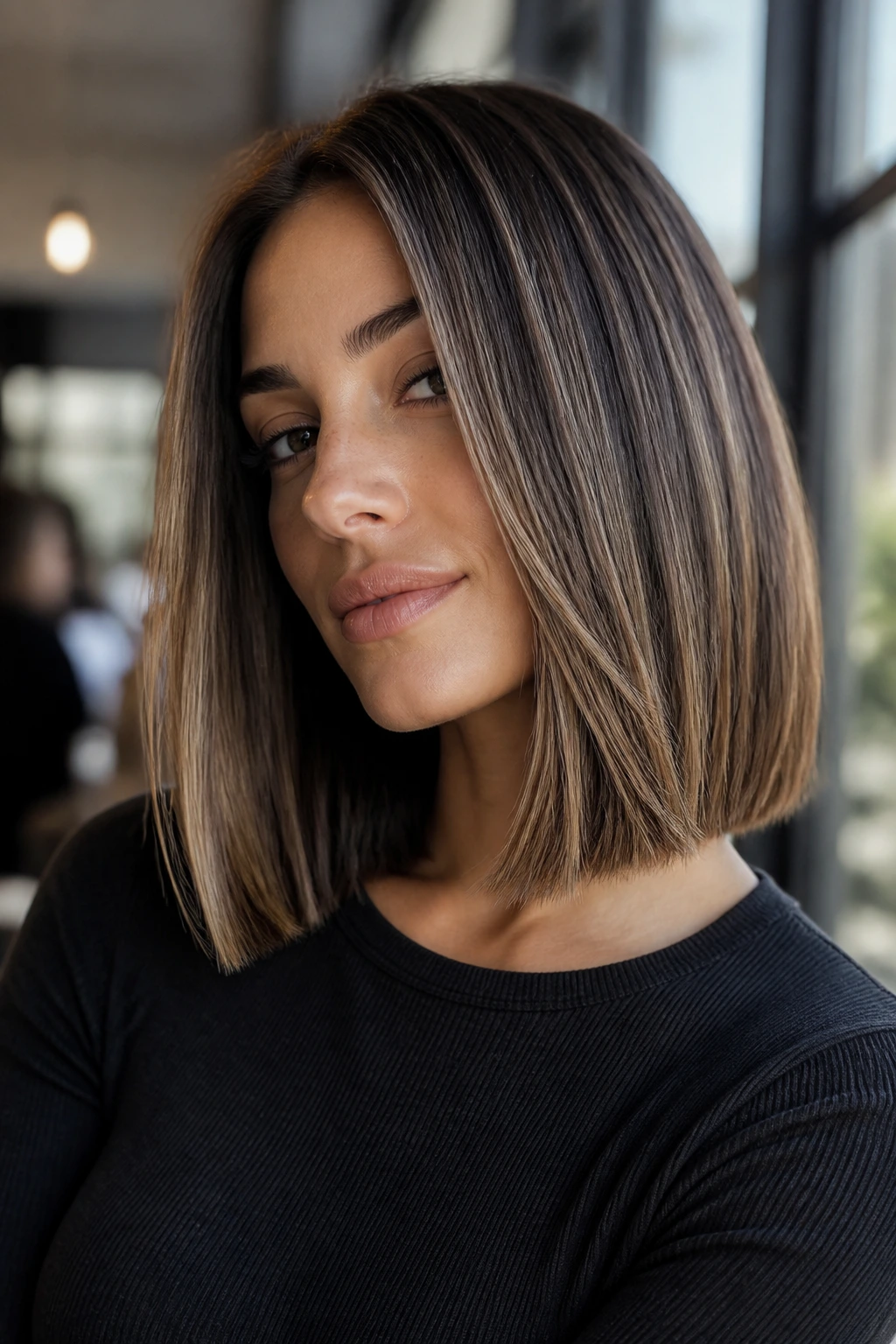 Close-up of a real woman with a blunt lob and subtle balayage highlights
