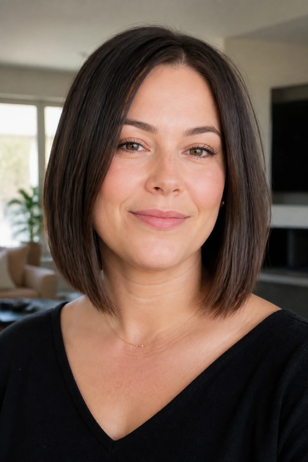 Close-up portrait of a real woman with a blunt lob and subtle internal texturizing.