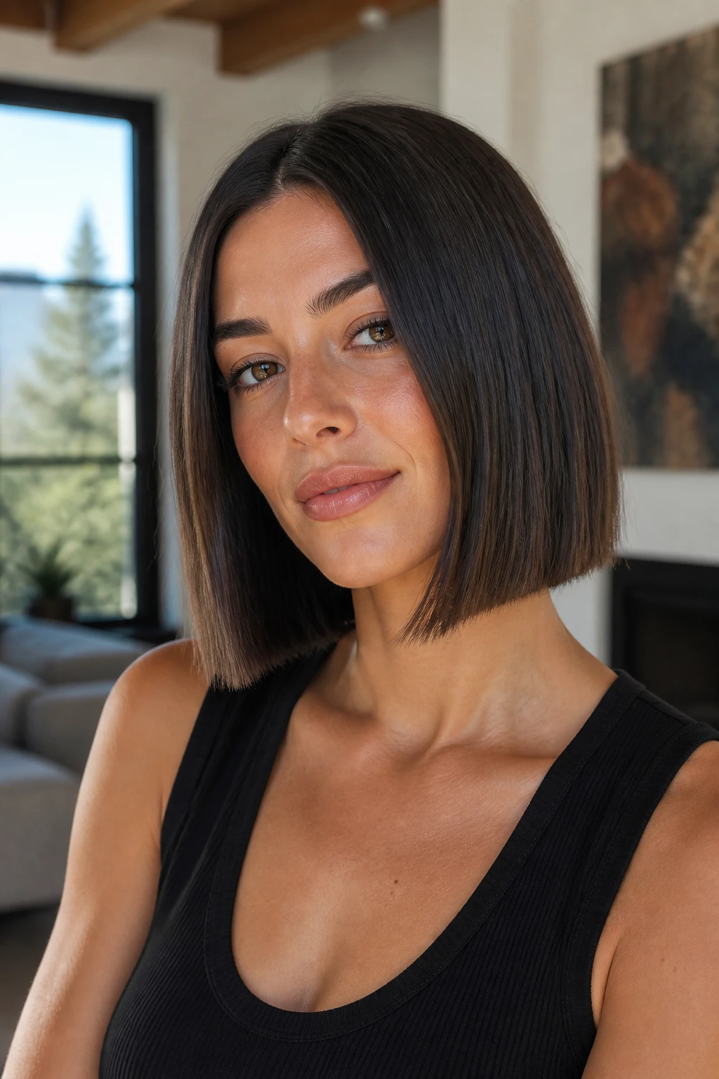 Close-up portrait of a real woman with a blunt lob and middle part