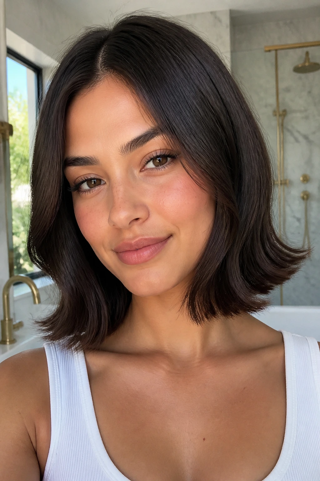 Close-up portrait of a real woman with blunt lob and outward curls