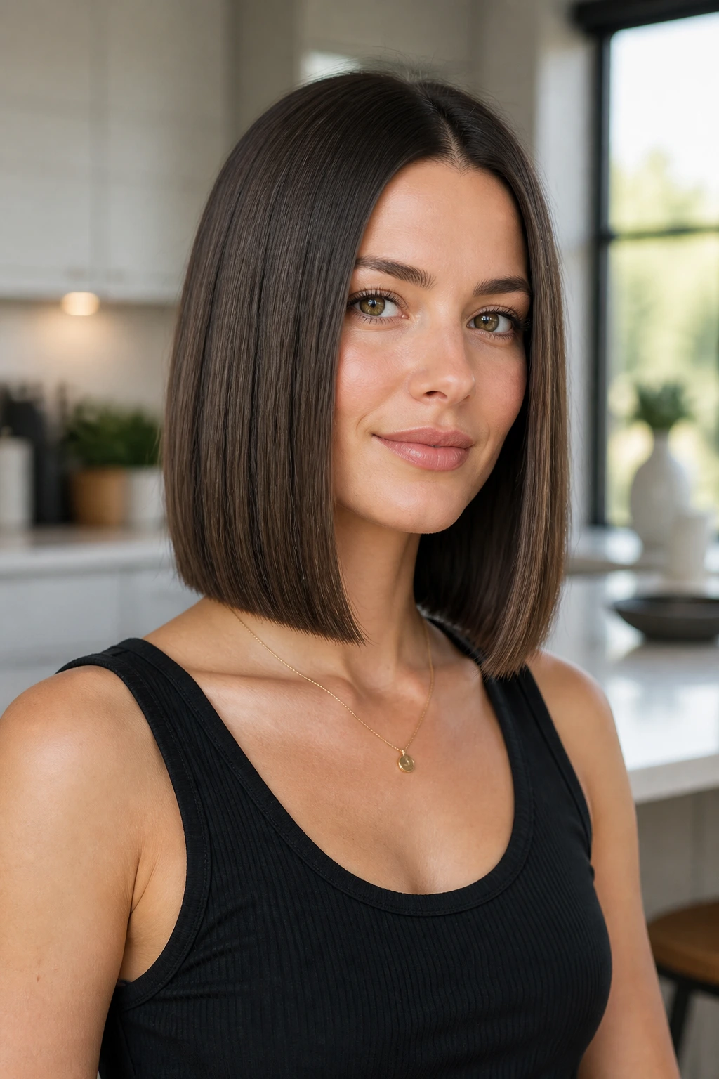 Real woman with minimalist blunt lob, crisp blunt ends just below collarbone.