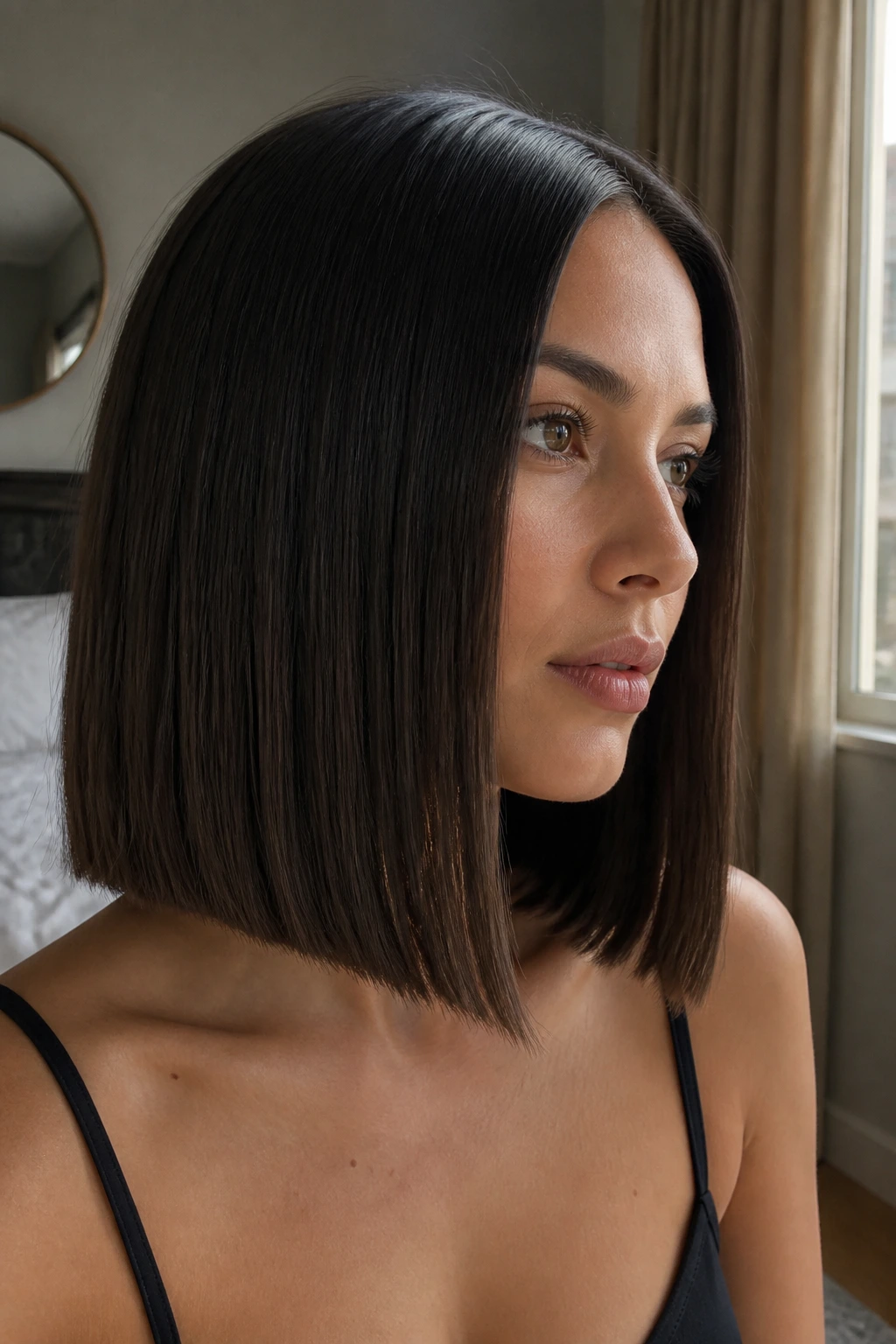 Close-up of a real woman with a blunt lob at collarbone length, sleek and polished.
