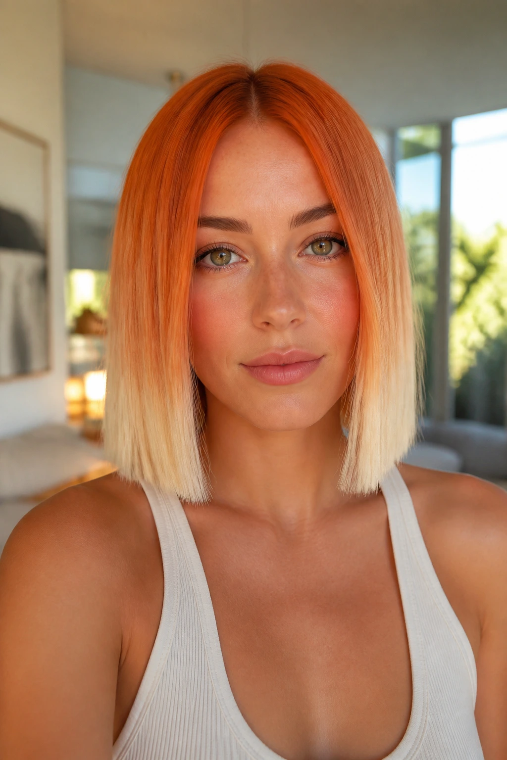 Close-up of a real woman with a blunt lob and vanilla-dipped ends