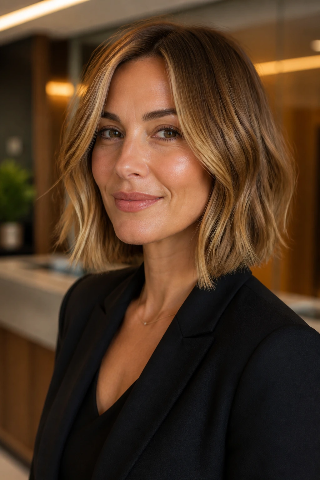 Blunt lob with soft waves on a real person in a stylish office setting.