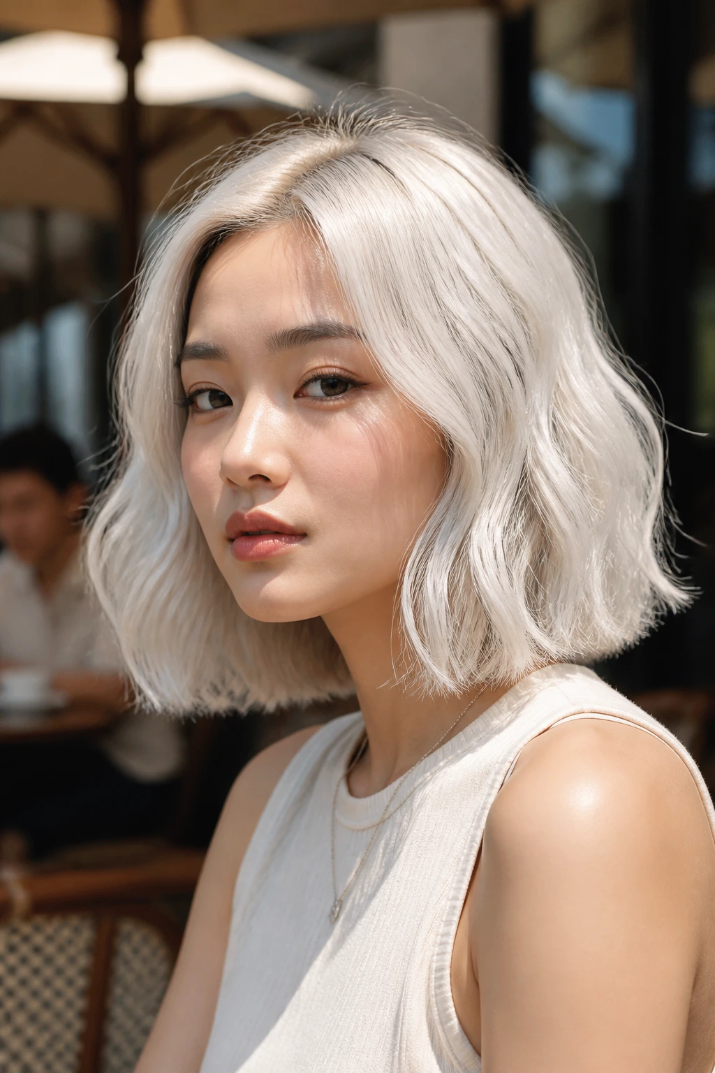 Portrait of a real woman with blunt wavy lob in platinum white hair at a sunlit cafe