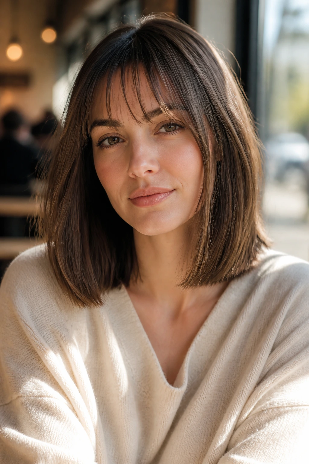 Close-up of a woman with blunt long bob and wispy bangs