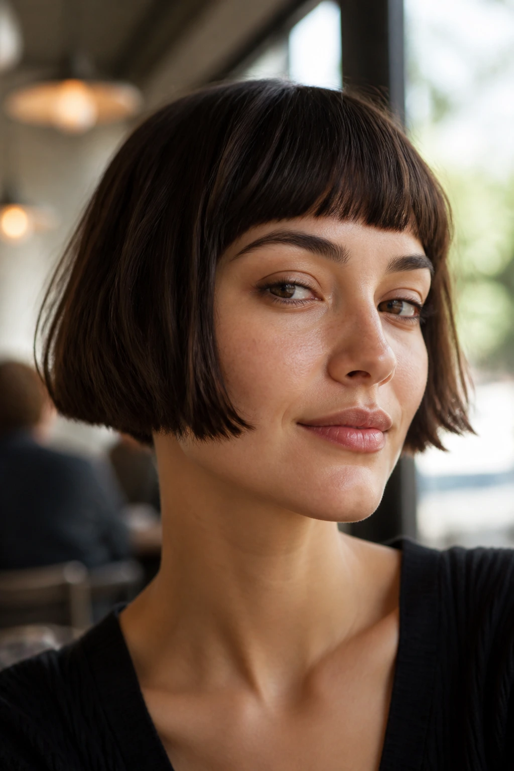 Close-up of a person with blunt micro-bob hairstyle in a cafe setting