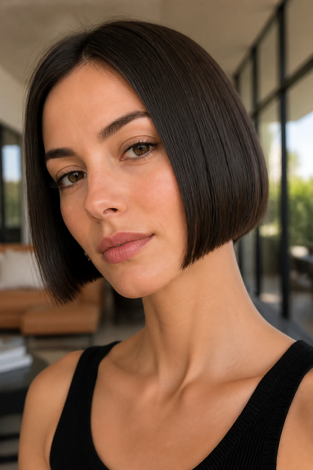 Close-up of real woman with blunt micro bob.