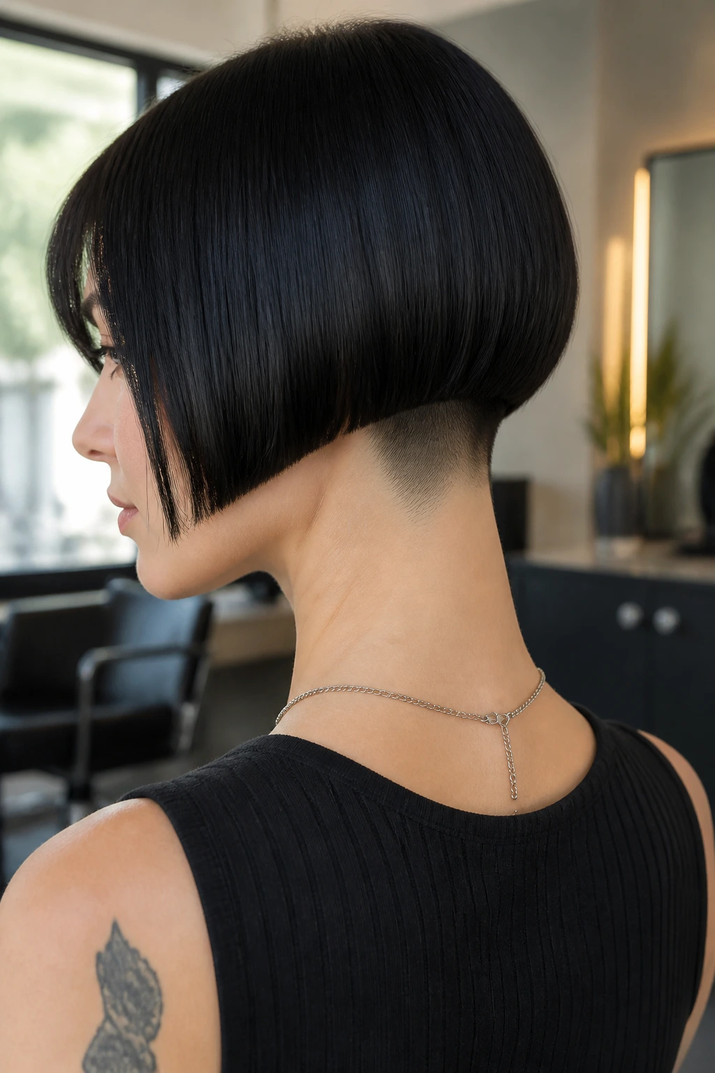 Portrait of a person with blunt micro-bob and tapered undercut