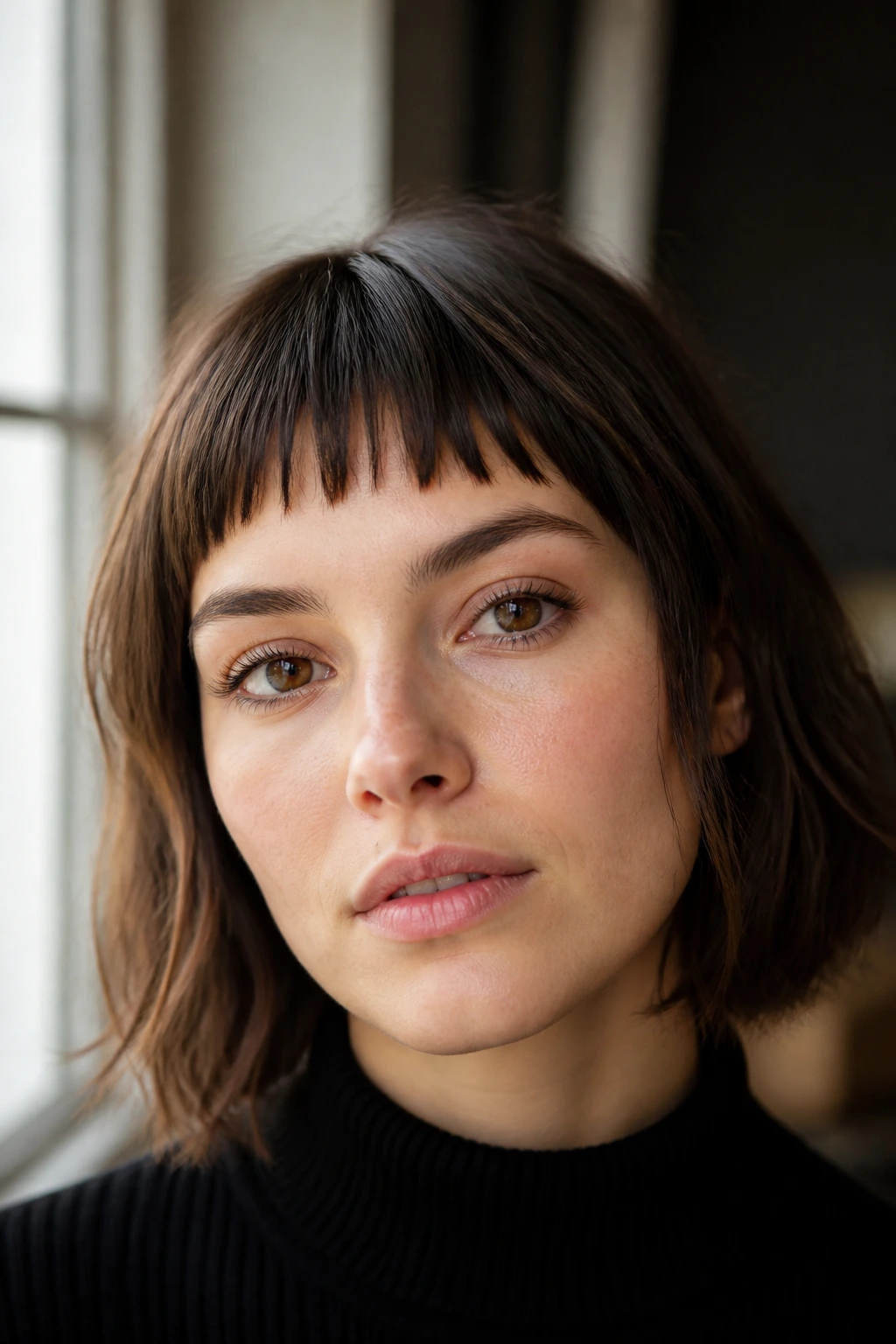 Close-up of a real woman with blunt micro fringe and shattered edges