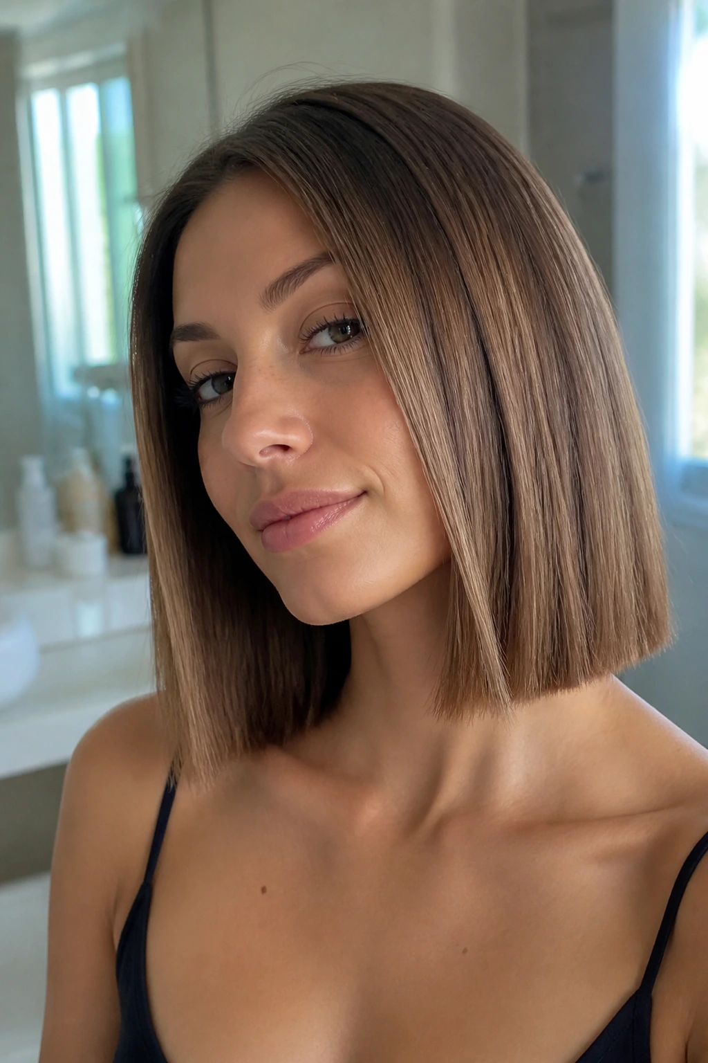Close-up of a real woman with a collarbone-grazing blunt midi cut.
