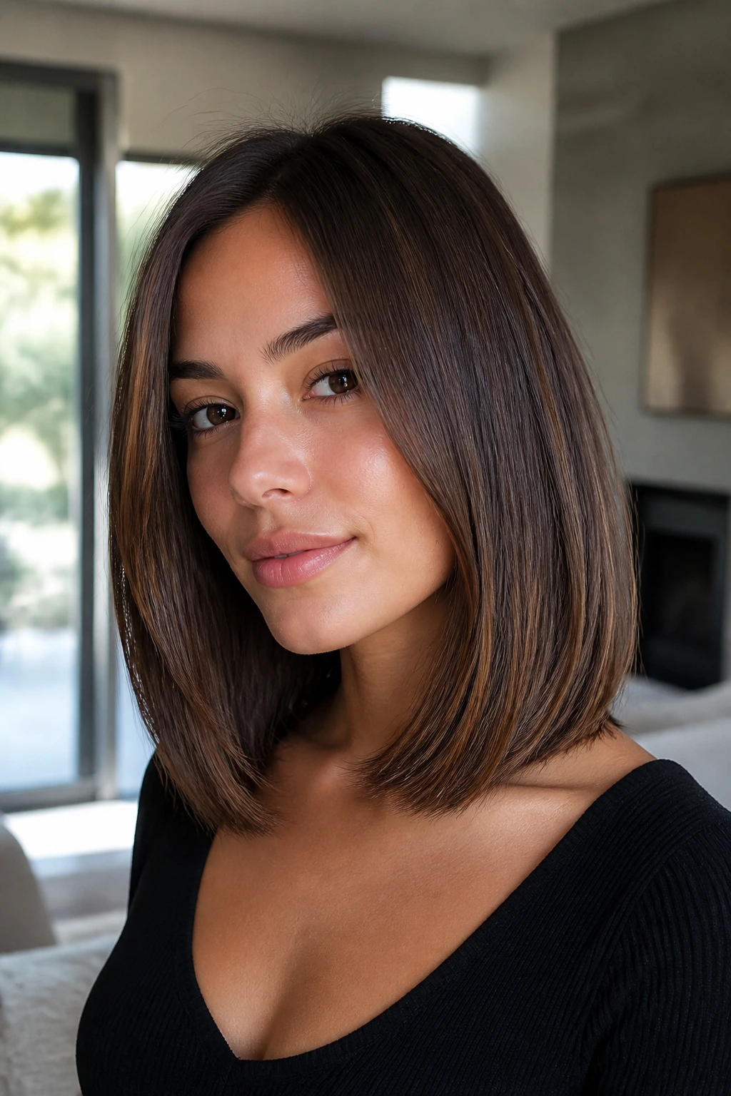 Real person with soft blunt midi cut, mid-length sleek hair