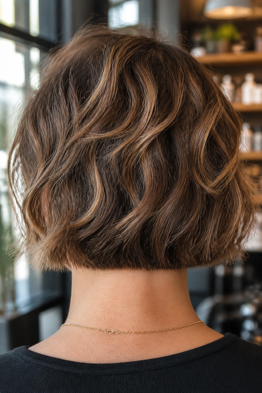 Back of head showing textured blunt nape on a real person with waves.