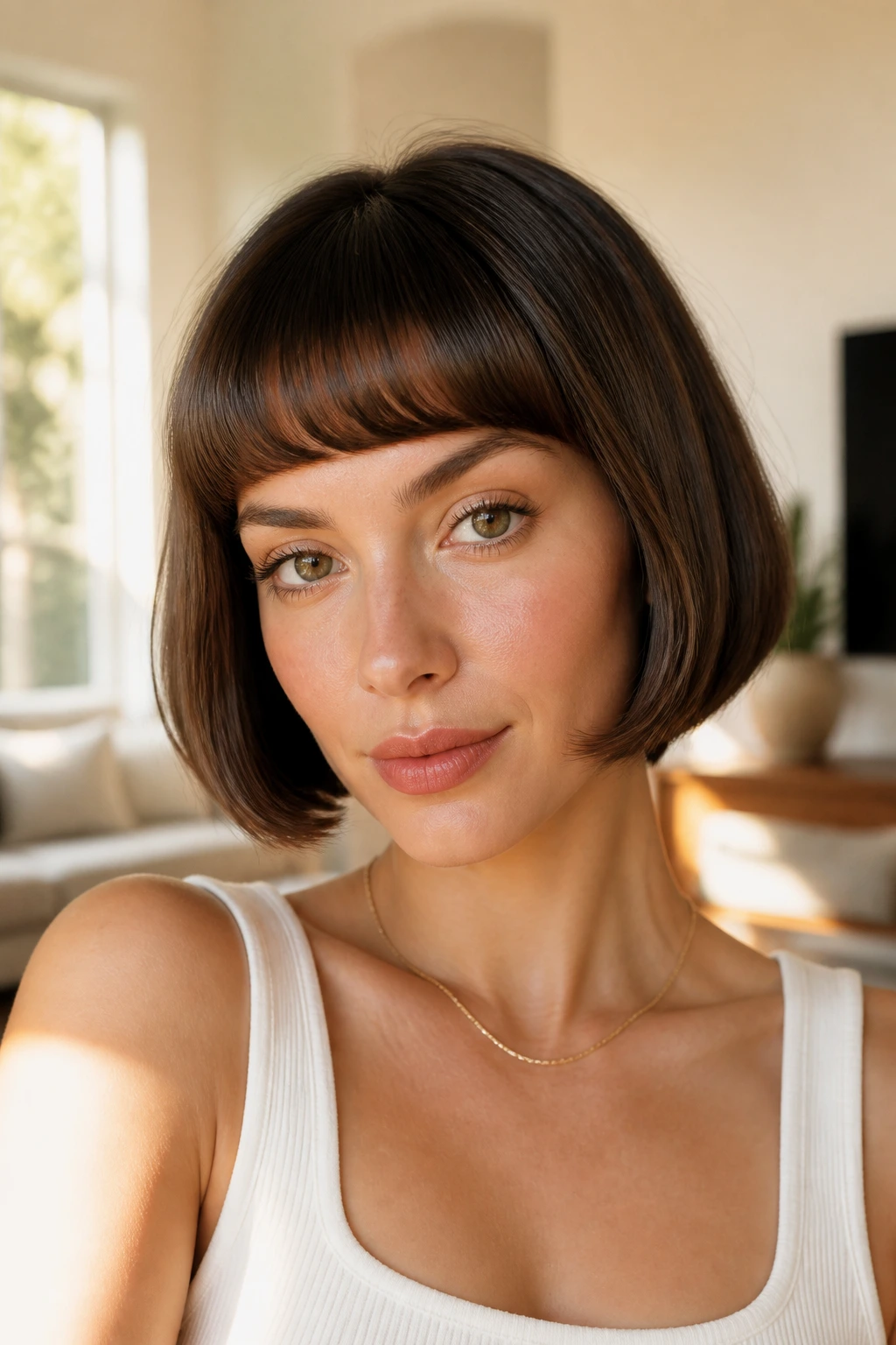 Close-up portrait of a person with a blunt pageboy and rounded crescent bangs in sunlit room