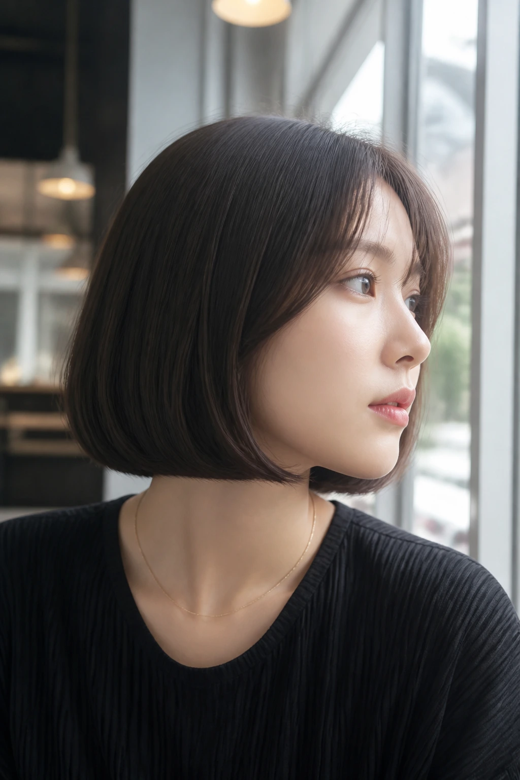 Close-up of a real woman with blunt pageboy under-beveled ends curling inward