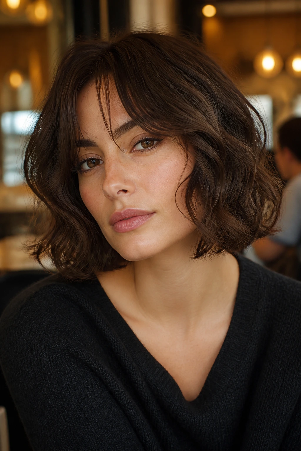 Portrait of a real woman with blunt-cut chin-length bob and wispy curtain bangs