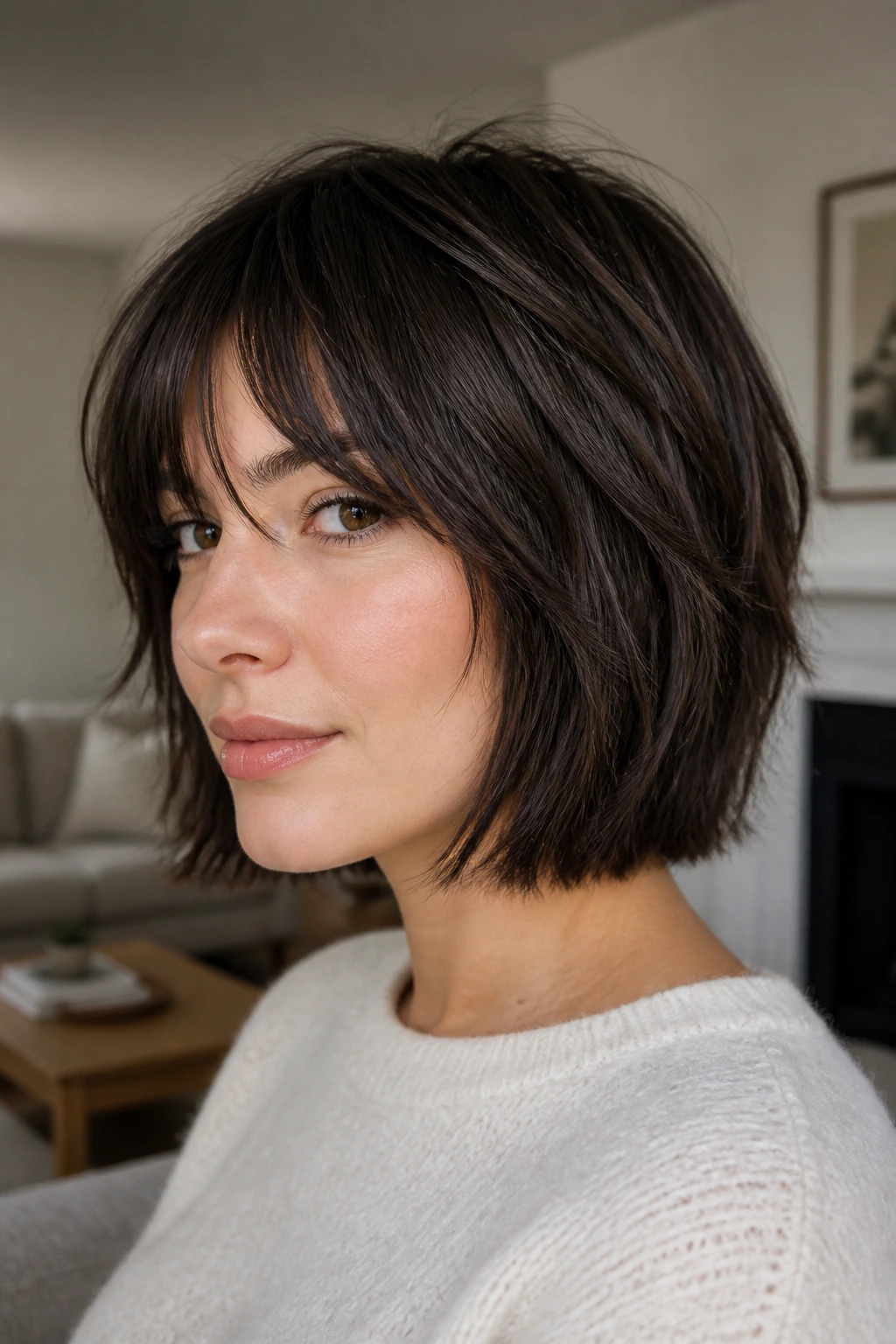 Close-up of a real woman's head showing blunt-perimeter shag with textured top layers