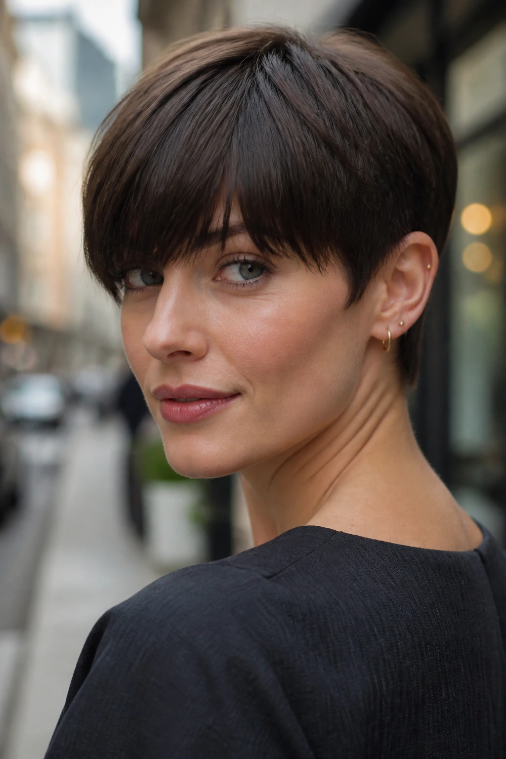 Portrait of a woman with blunt pixie and long bangs.