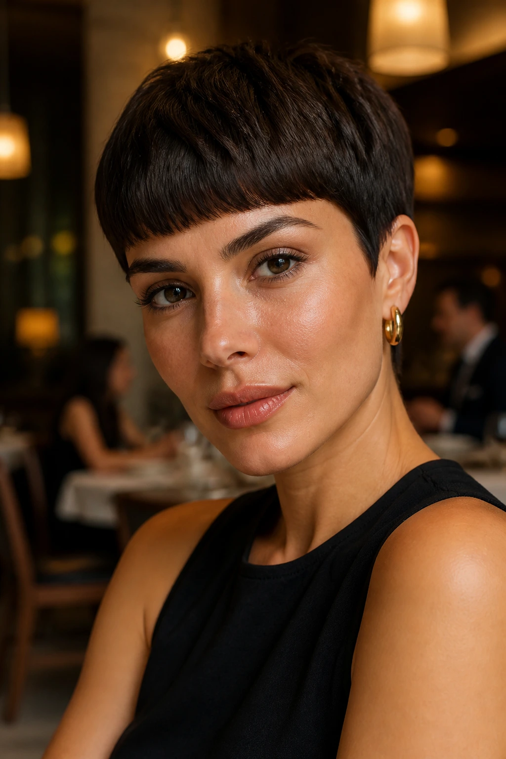 Close-up of a real person with a blunt pixie in an upscale interior