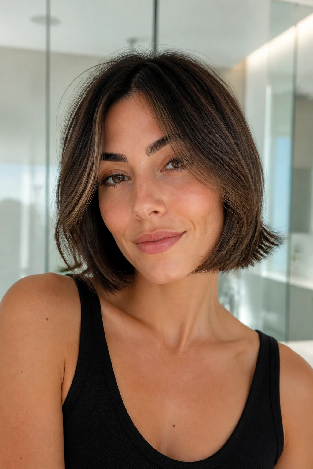 Close-up portrait of a real woman with blunt-to-razored hybrid bob showing thick ends and movement.
