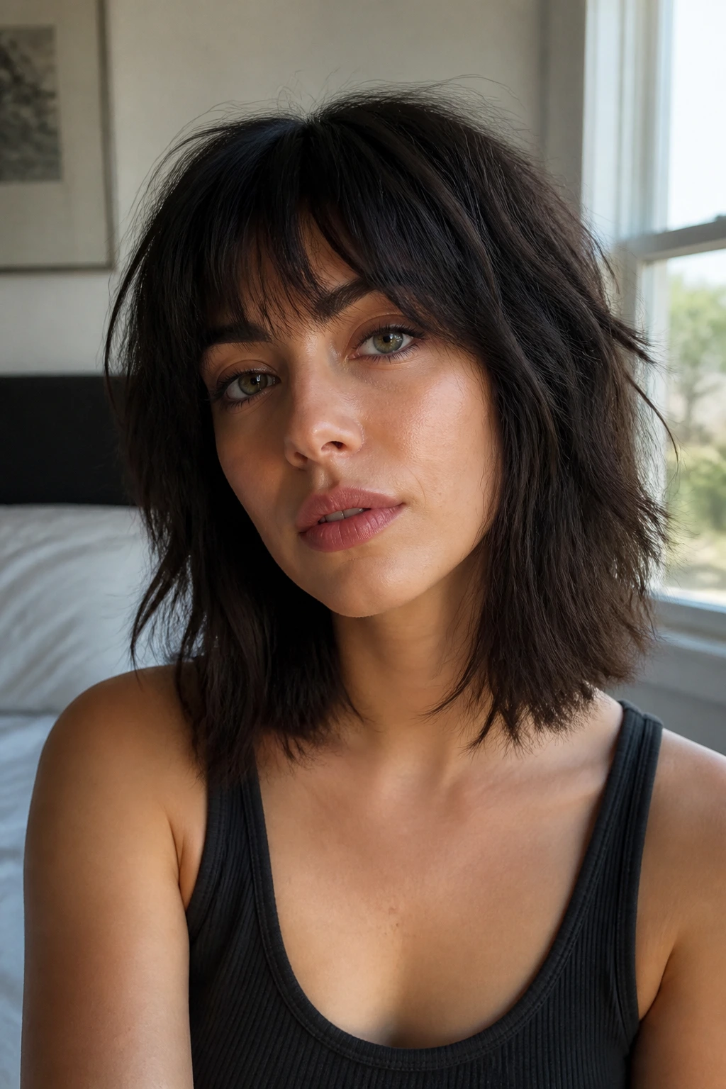 Close-up of a real person with blunt shag hybrid haircut in soft window light