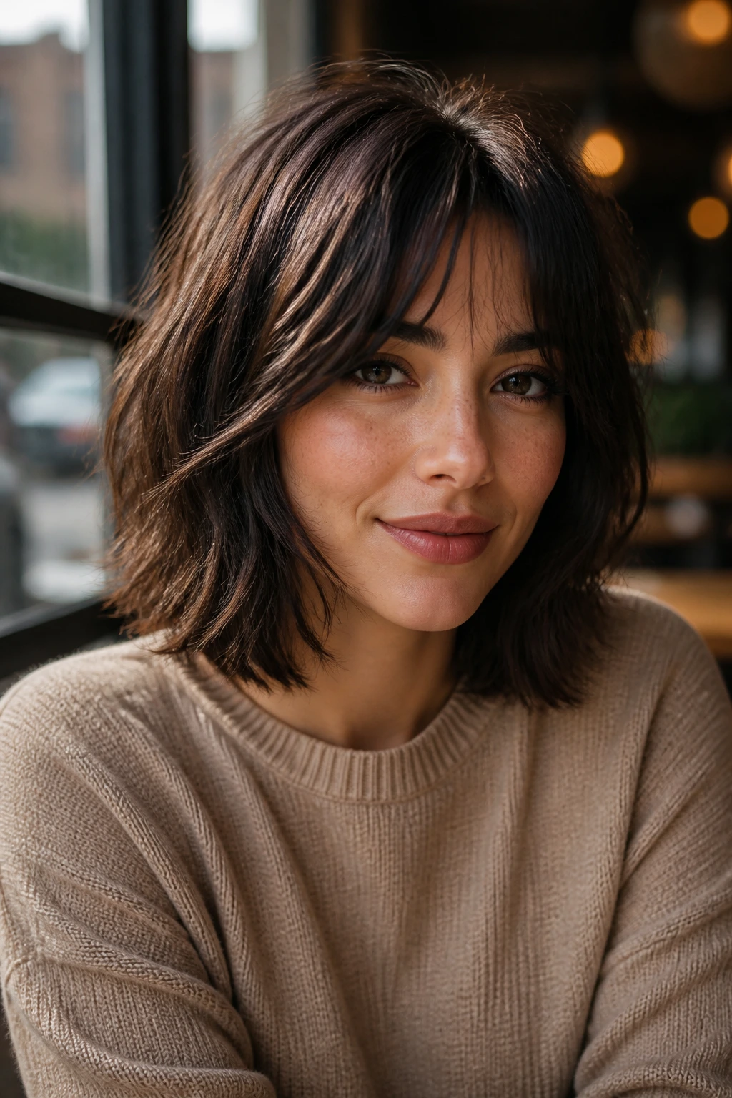 Close-up of a real woman with a blunt-shag hybrid bob and curtain bangs.