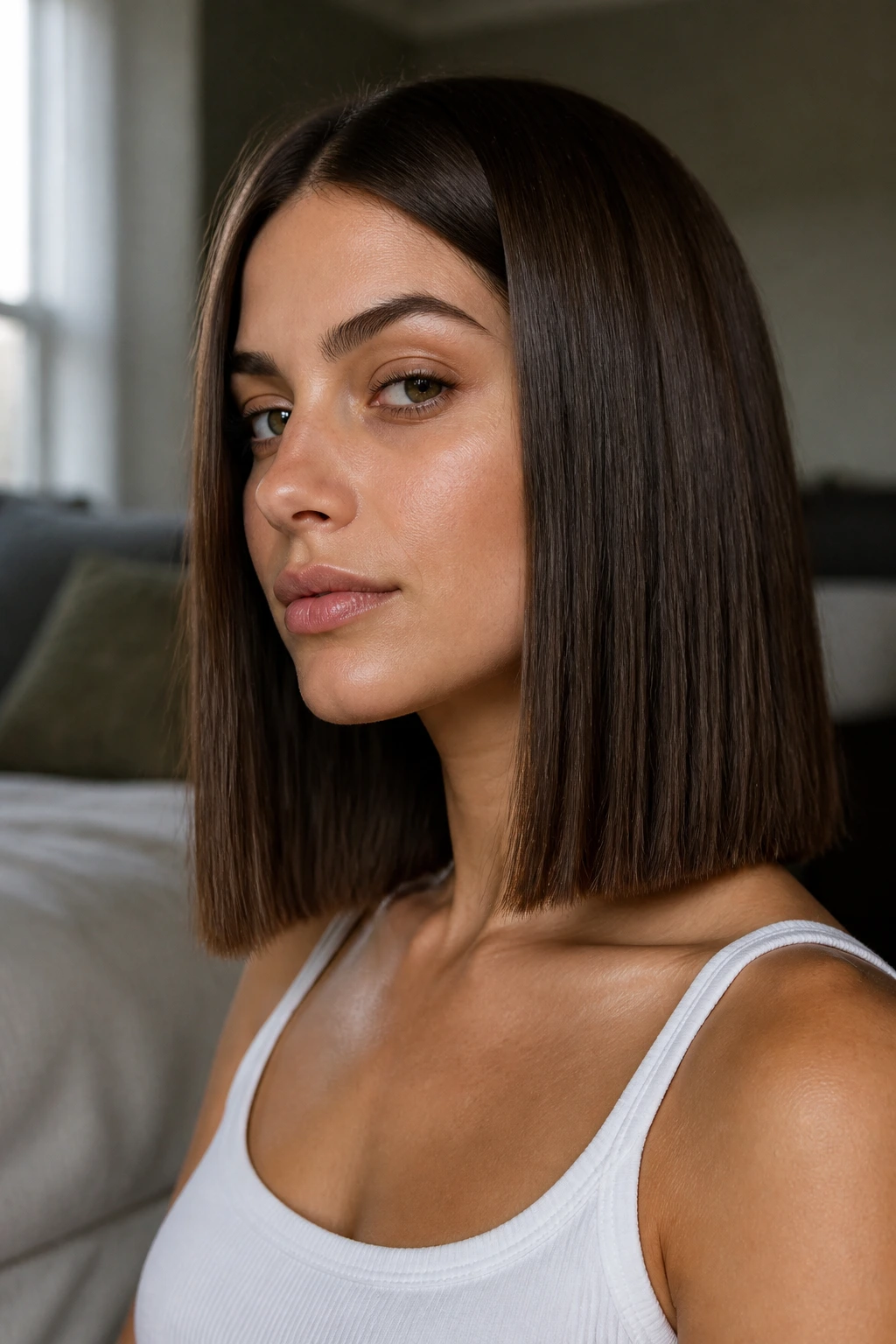 Close-up of a real woman with a blunt shoulder-grazer hairstyle and straight across ends