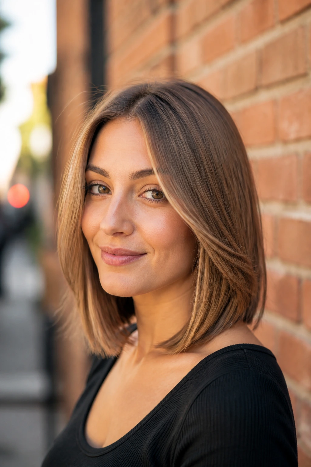 Portrait of a woman with a blunt shoulder-length cut and subtle layers.