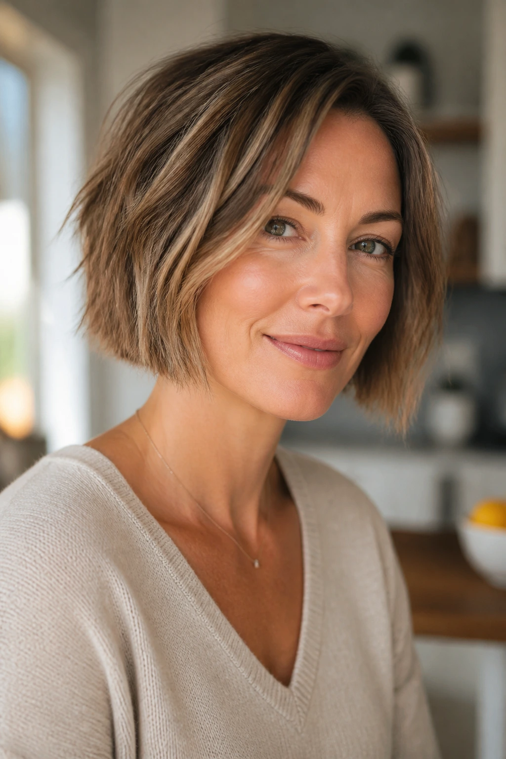 Portrait of a woman with jaw-length blunt textured bob in warm kitchen light