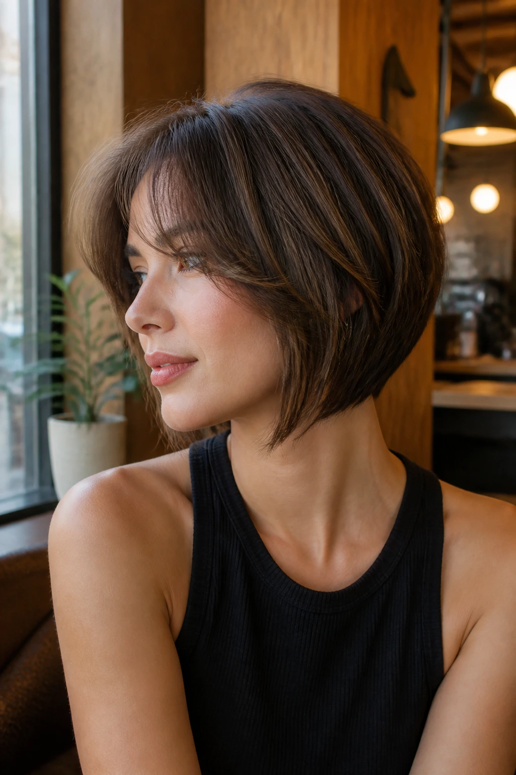 Close-up of a real woman wearing Blunt-Cut Wedge with Curtain Bangs.
