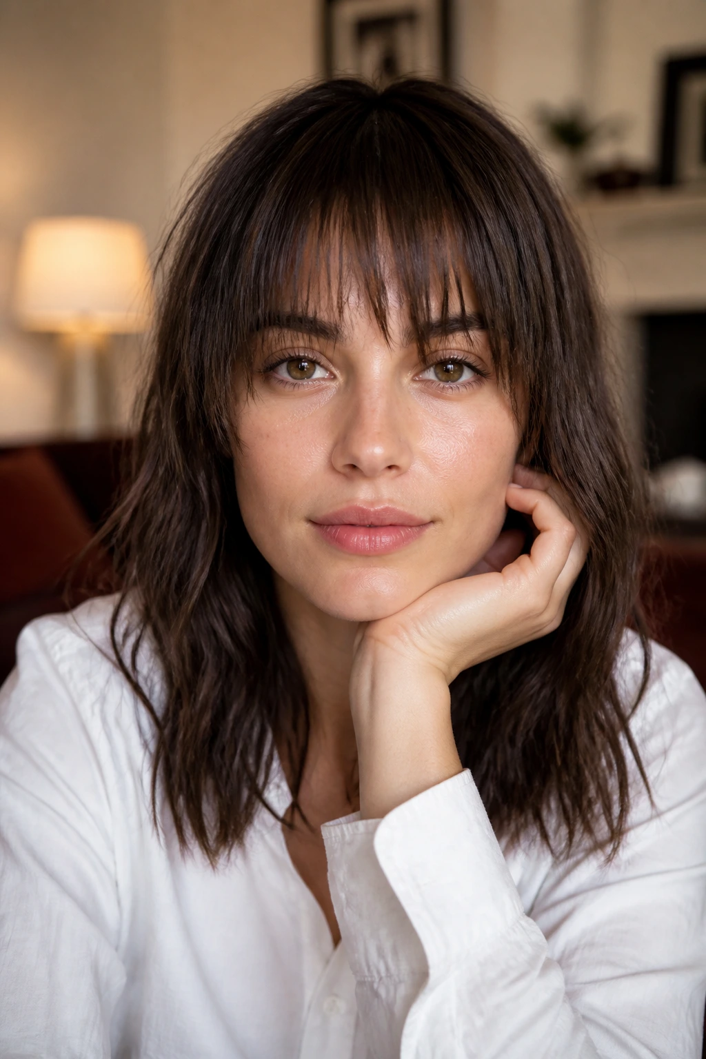 Close-up portrait of a real person with textured blunt wisps and thinned-out ends