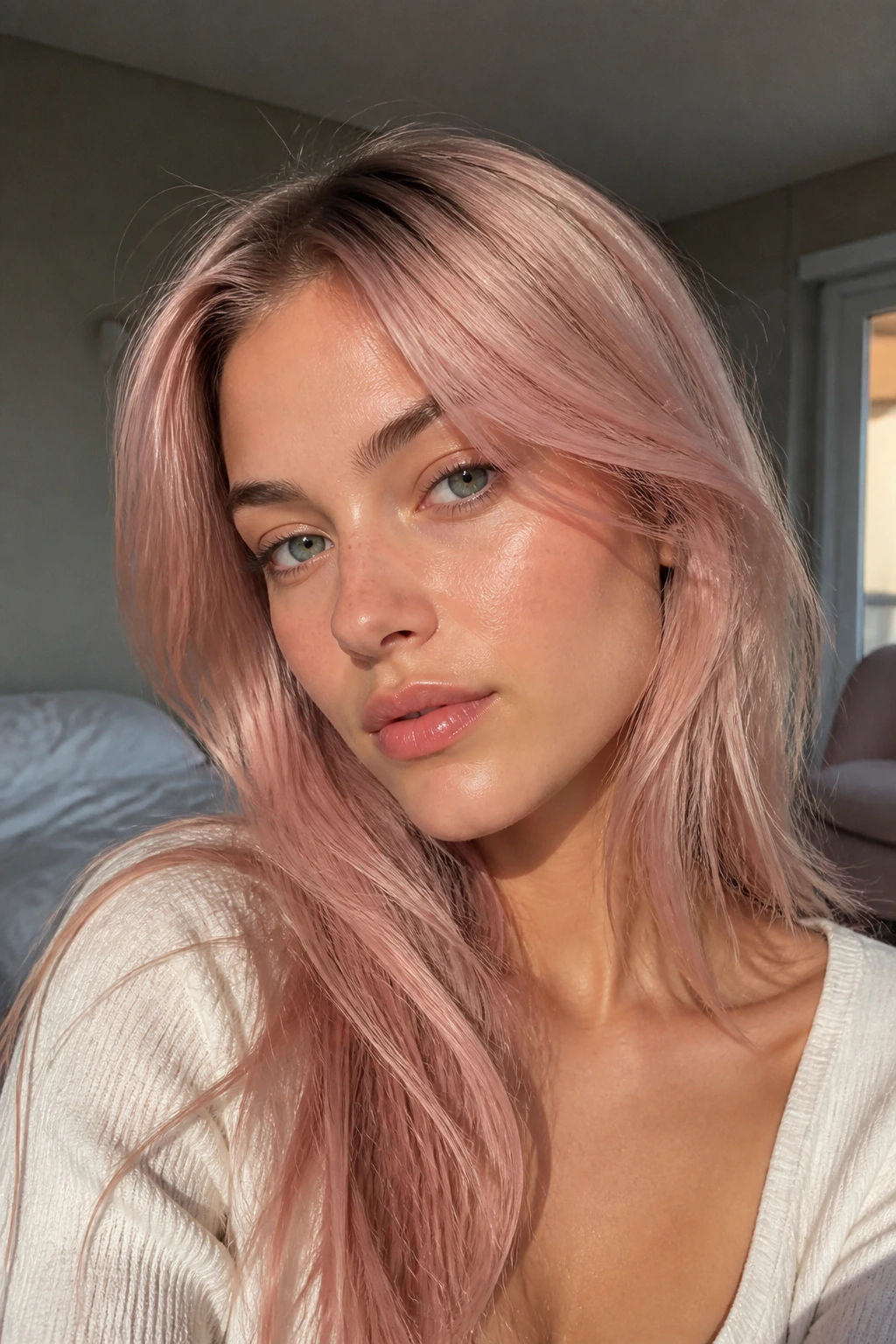 Close-up portrait of a real woman with soft blush-pink hair tint.