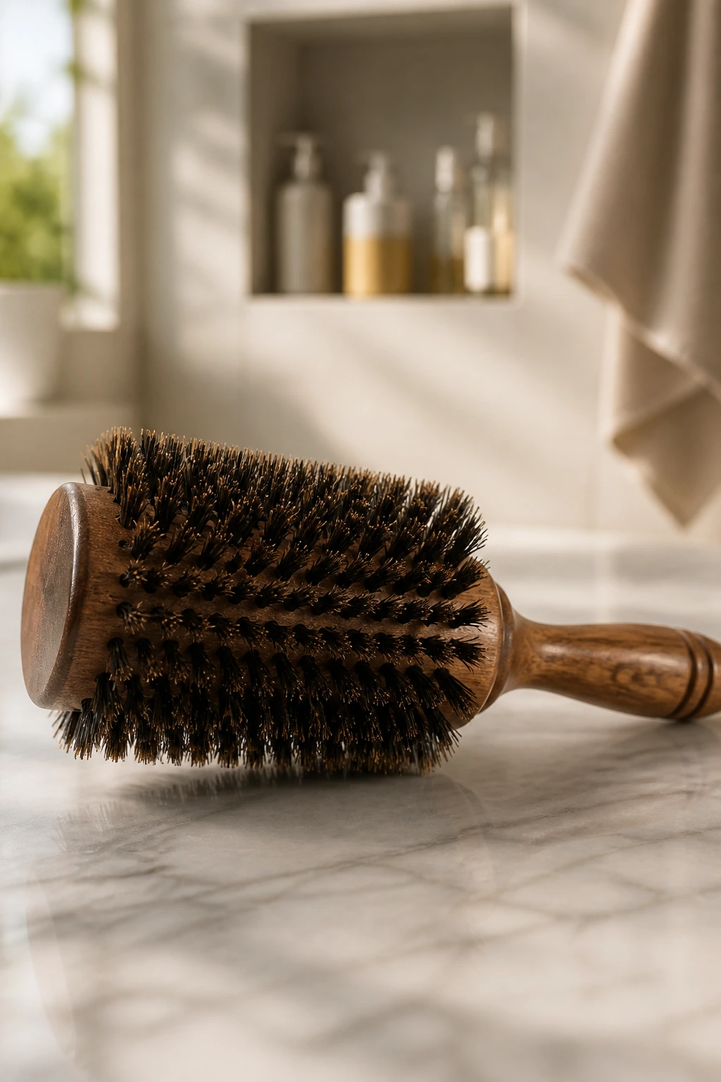 Close-up of boar bristle round brush on bathroom counter
