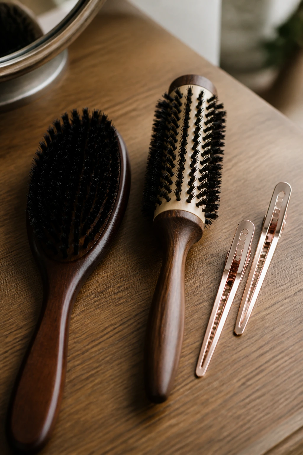 Top-down view of essential styling tools for fringe styling