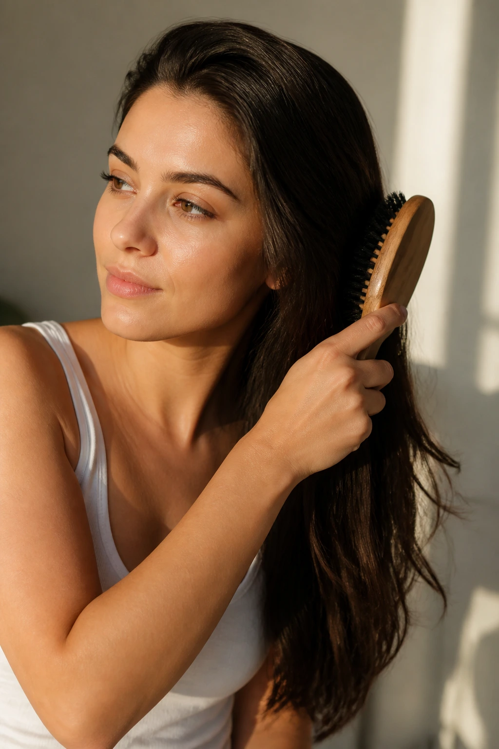 Real person brushing hair with boar bristle brush for shine.