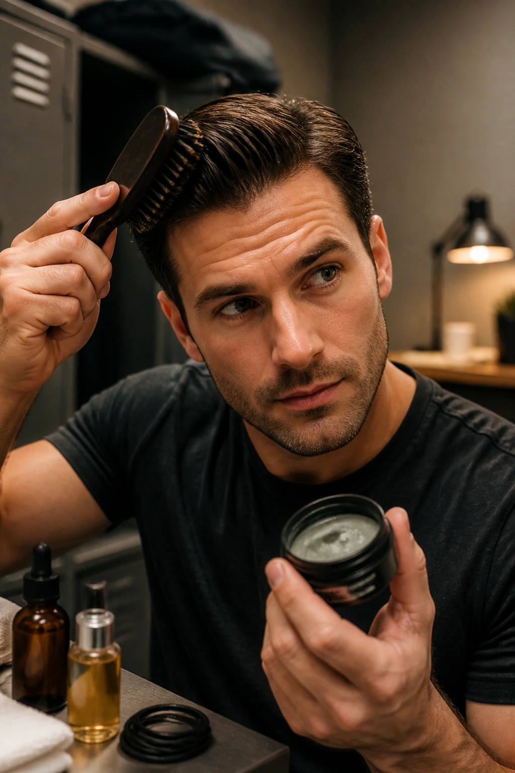 Portrait of person using boar-bristle brush and pomade for hybrid styling