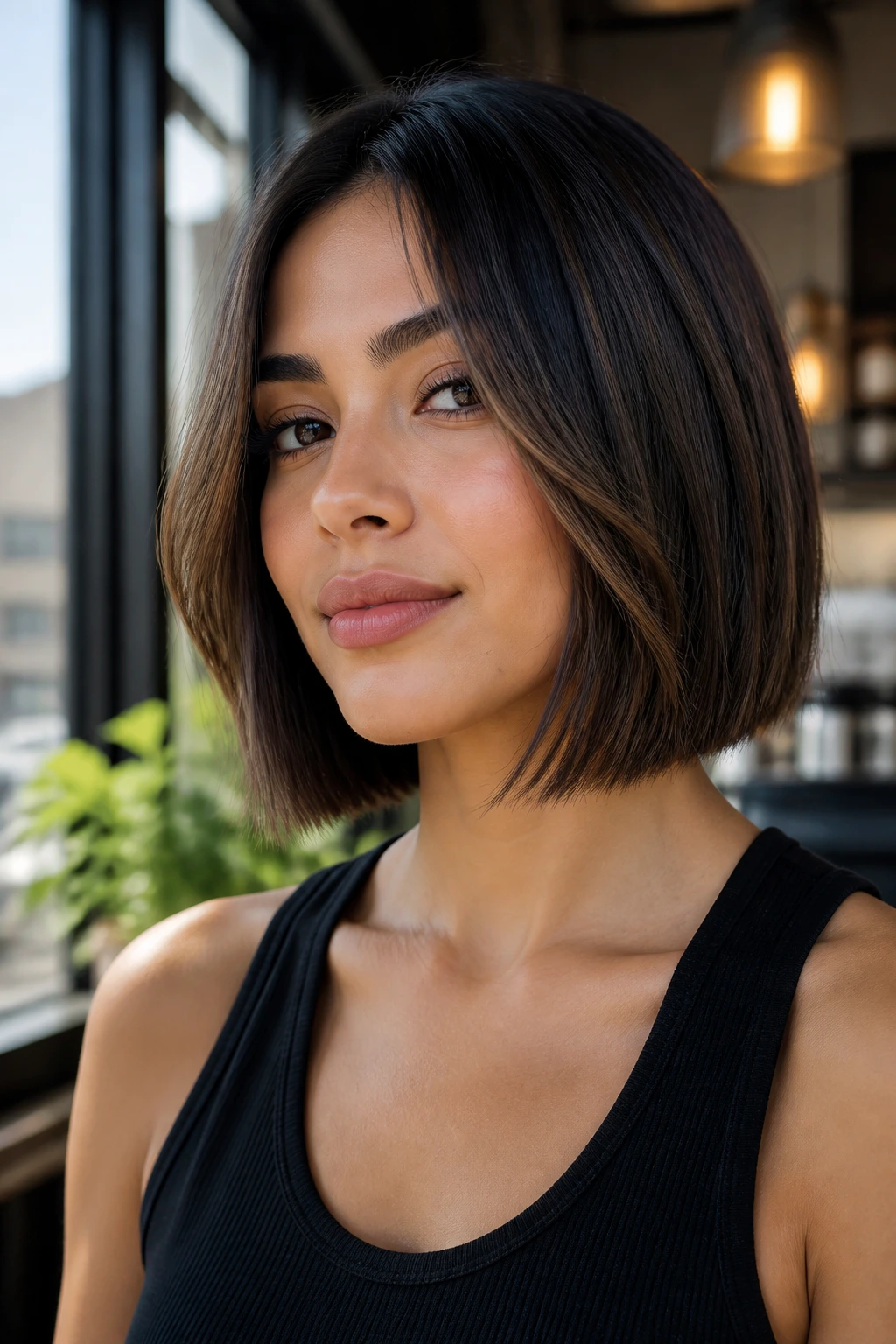 Close-up portrait of a woman with a blunt-ended face-framing bob
