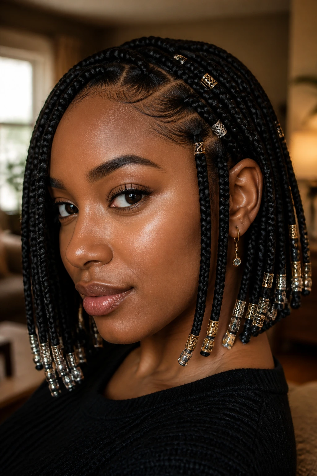 Close-up of a real person with a bob-length box braid adorned with gold cuffs and small beads