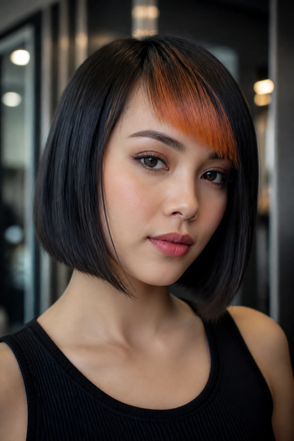 Portrait of a real person with sleek bob and copper micro fringe