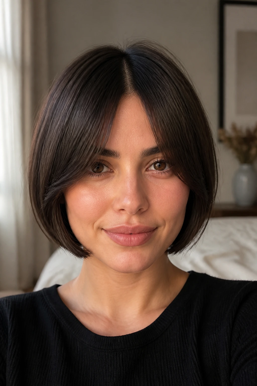Close-up portrait of a woman with sleek center-parted bob and curtain bangs under natural window light