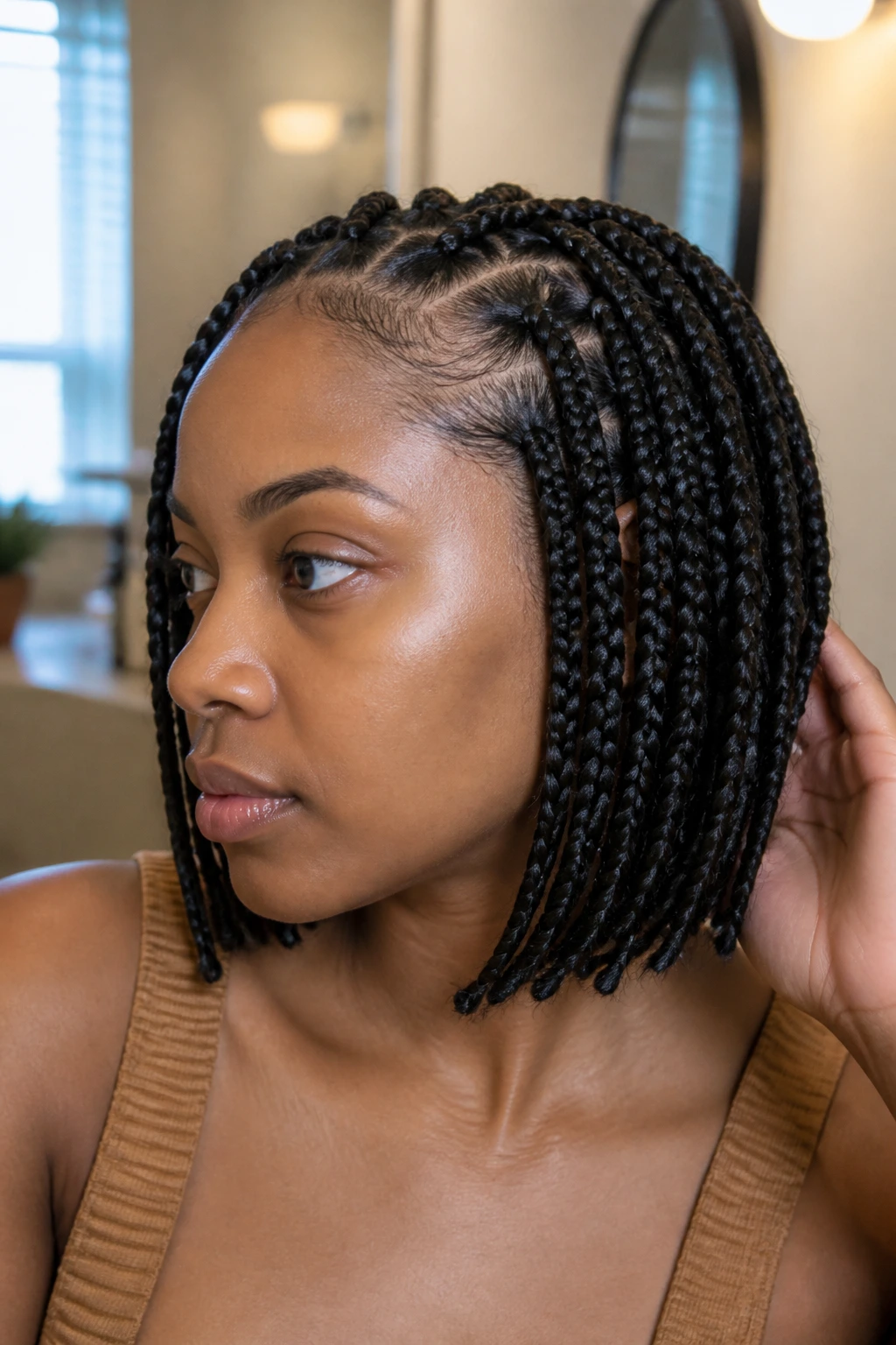 Close-up of real person with bob-length braids and a subtle sheen