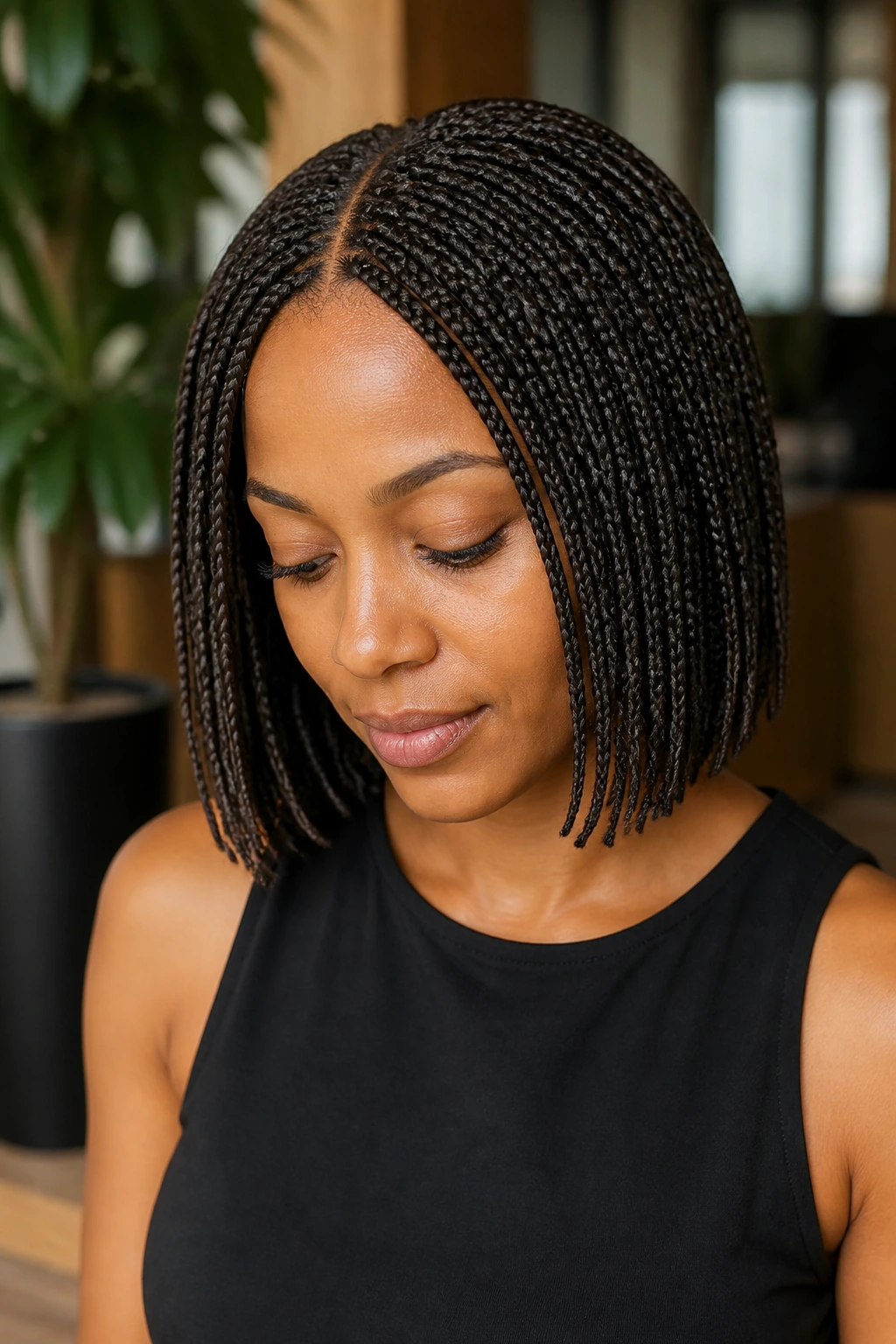 Close-up portrait of a real person with bob-length micro braids.